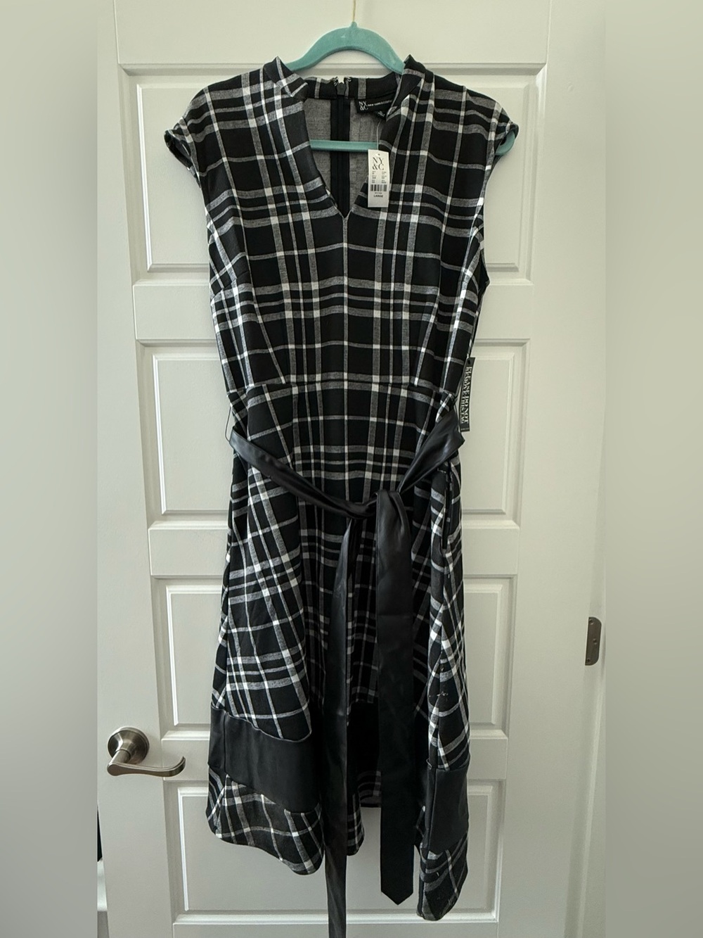 New York & Company Black and White Plaid Midi Dress with Faux-Leather Tie